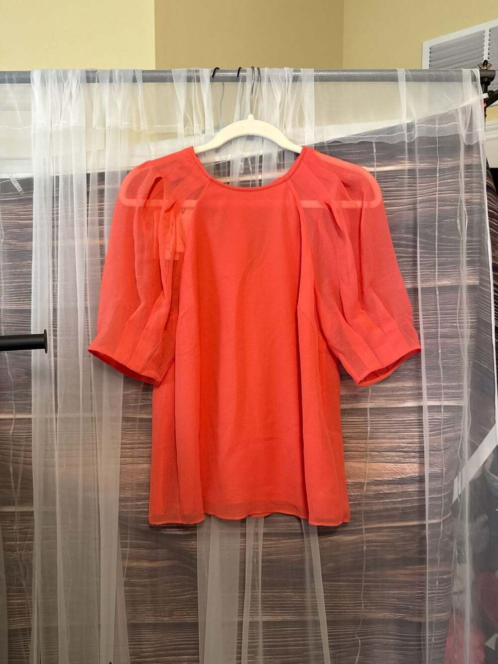 Ted Baker Natelie Coral Boxy Top with Puff Sleeves and Back Tie